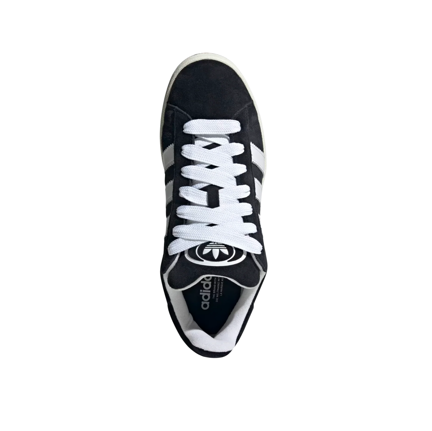 Adidas Campus Core Black – Draufsicht der Retro-Sneaker aus schwarzem Leder mit weißen Schnürsenkeln und Frottee-Futter