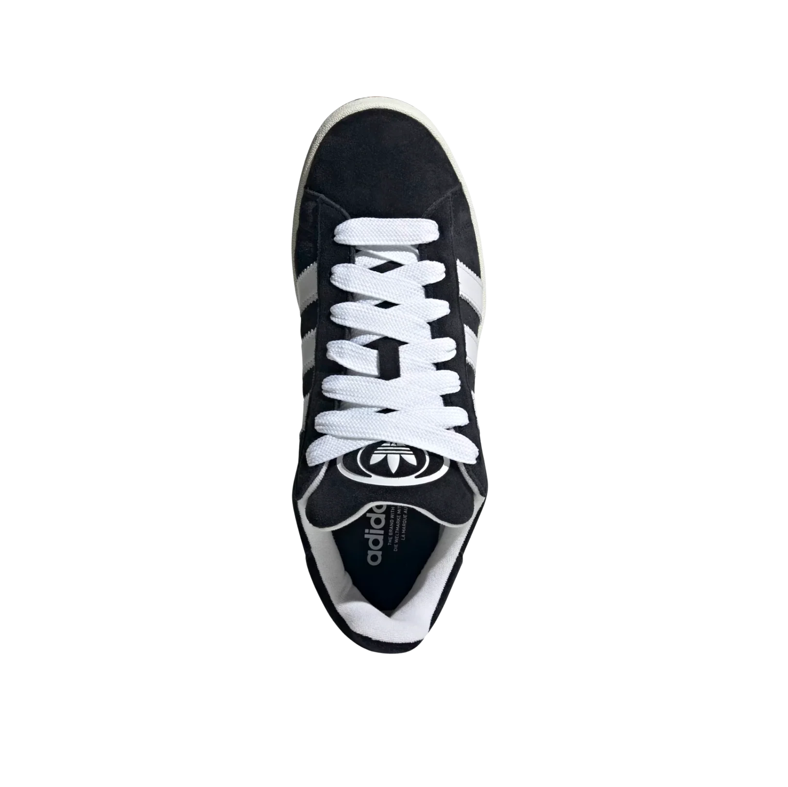 Adidas Campus Core Black – Draufsicht der Retro-Sneaker aus schwarzem Leder mit weißen Schnürsenkeln und Frottee-Futter