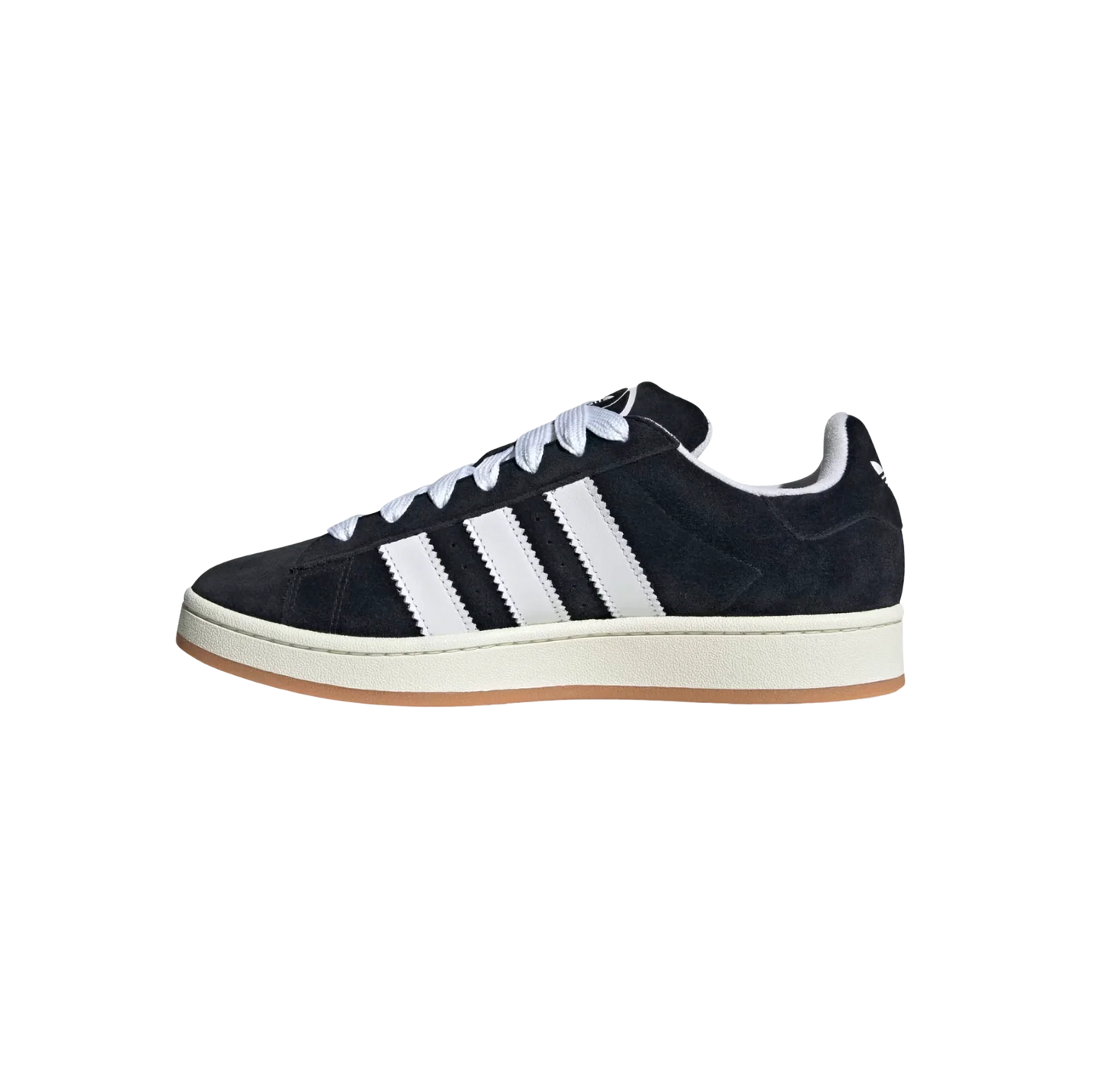 Adidas Campus Core Black – gegenüberliegende Seitenansicht der Retro-Sneaker aus schwarzem Premiumleder mit weißen 3-Streifen