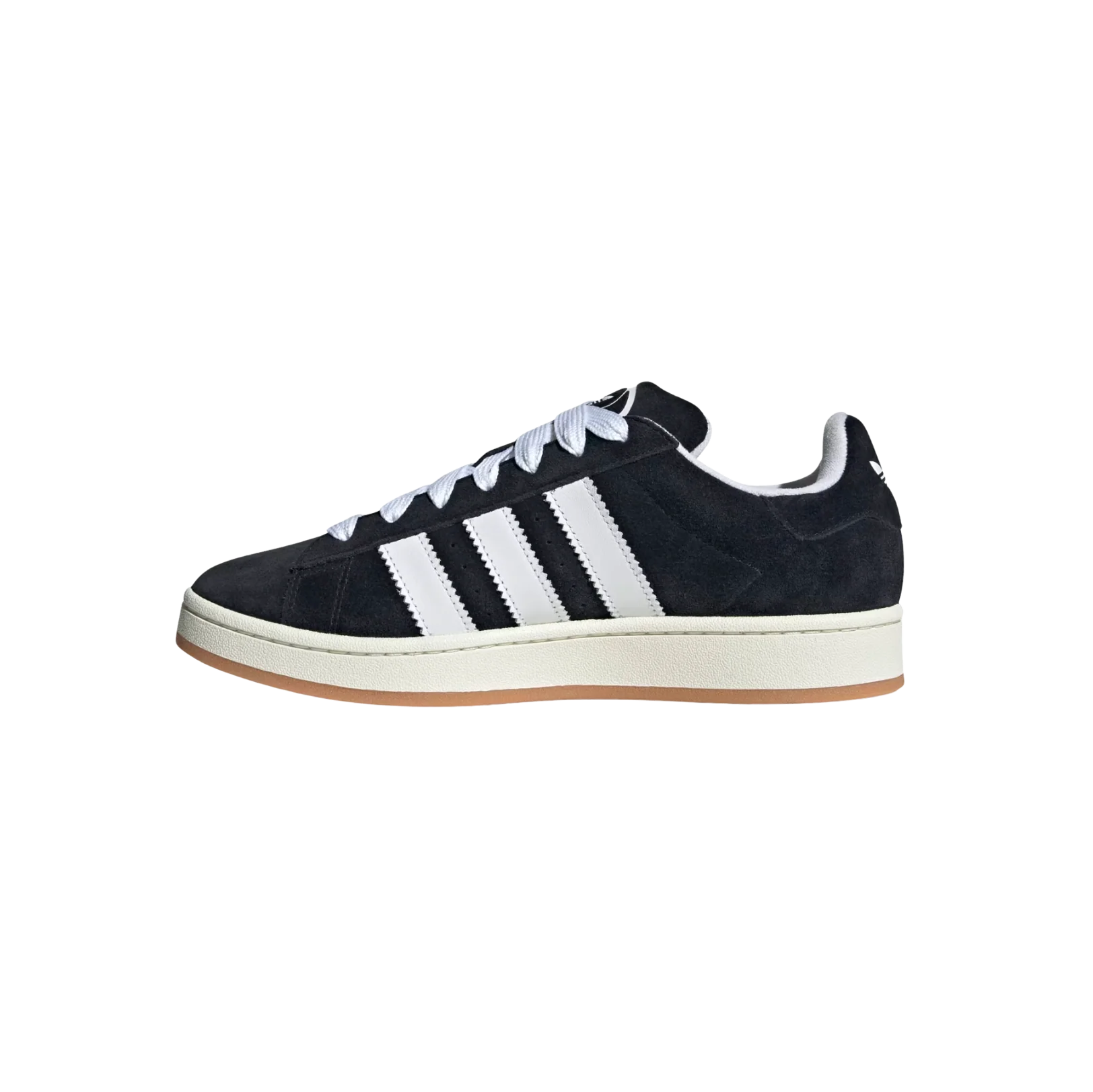 Adidas Campus Core Black – gegenüberliegende Seitenansicht der Retro-Sneaker aus schwarzem Premiumleder mit weißen 3-Streifen