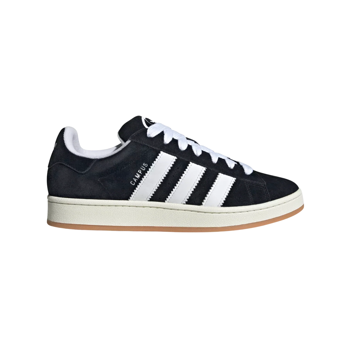 Adidas Campus Core Black – Seitenansicht der Retro-Sneaker aus Premiumleder mit weißen 3-Streifen und Off-White-Sohle