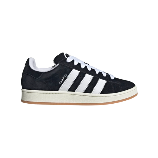 Adidas Campus Core Black – Seitenansicht der Retro-Sneaker aus Premiumleder mit weißen 3-Streifen und Off-White-Sohle