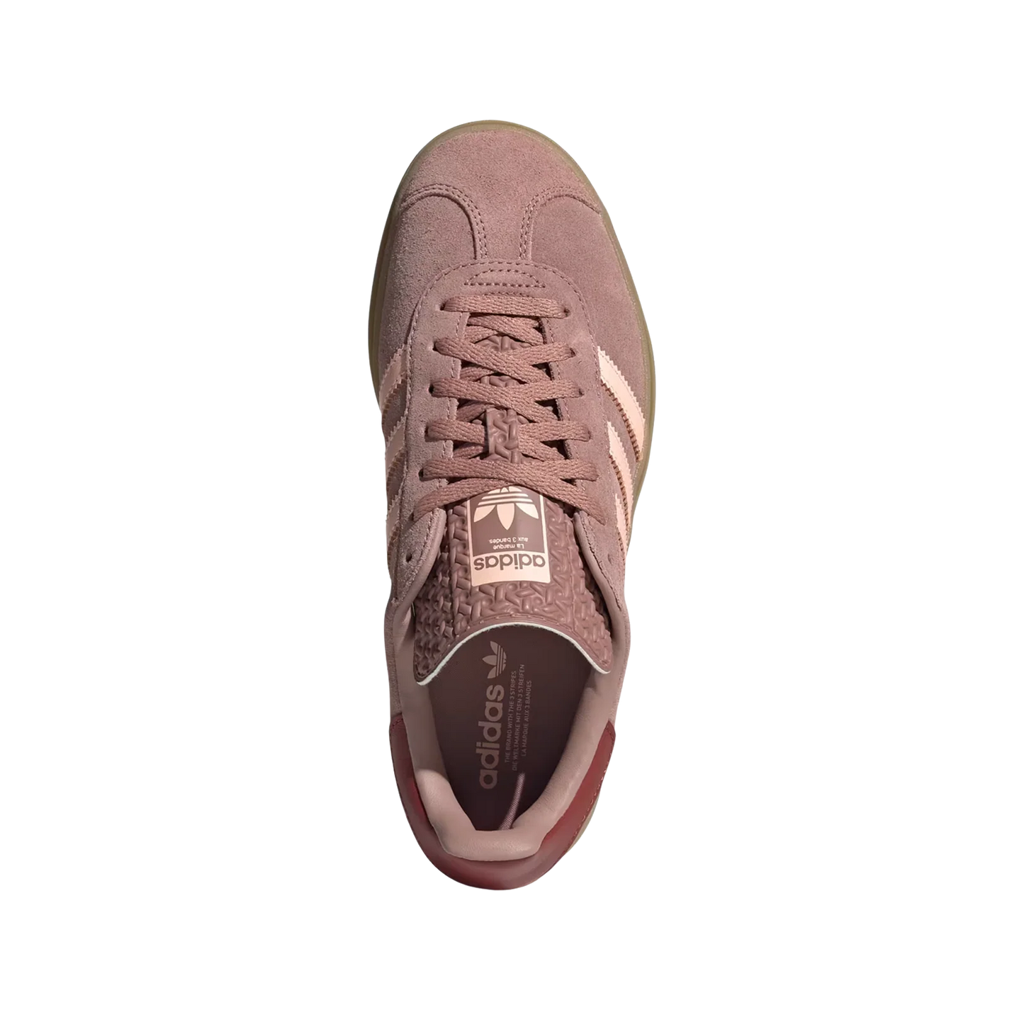 Adidas Gazelle Bold Clay – Draufsicht der Retro-Damen-Plateausneaker aus Wildleder mit Plateausohle aus Gummi und orangefarbenen Details