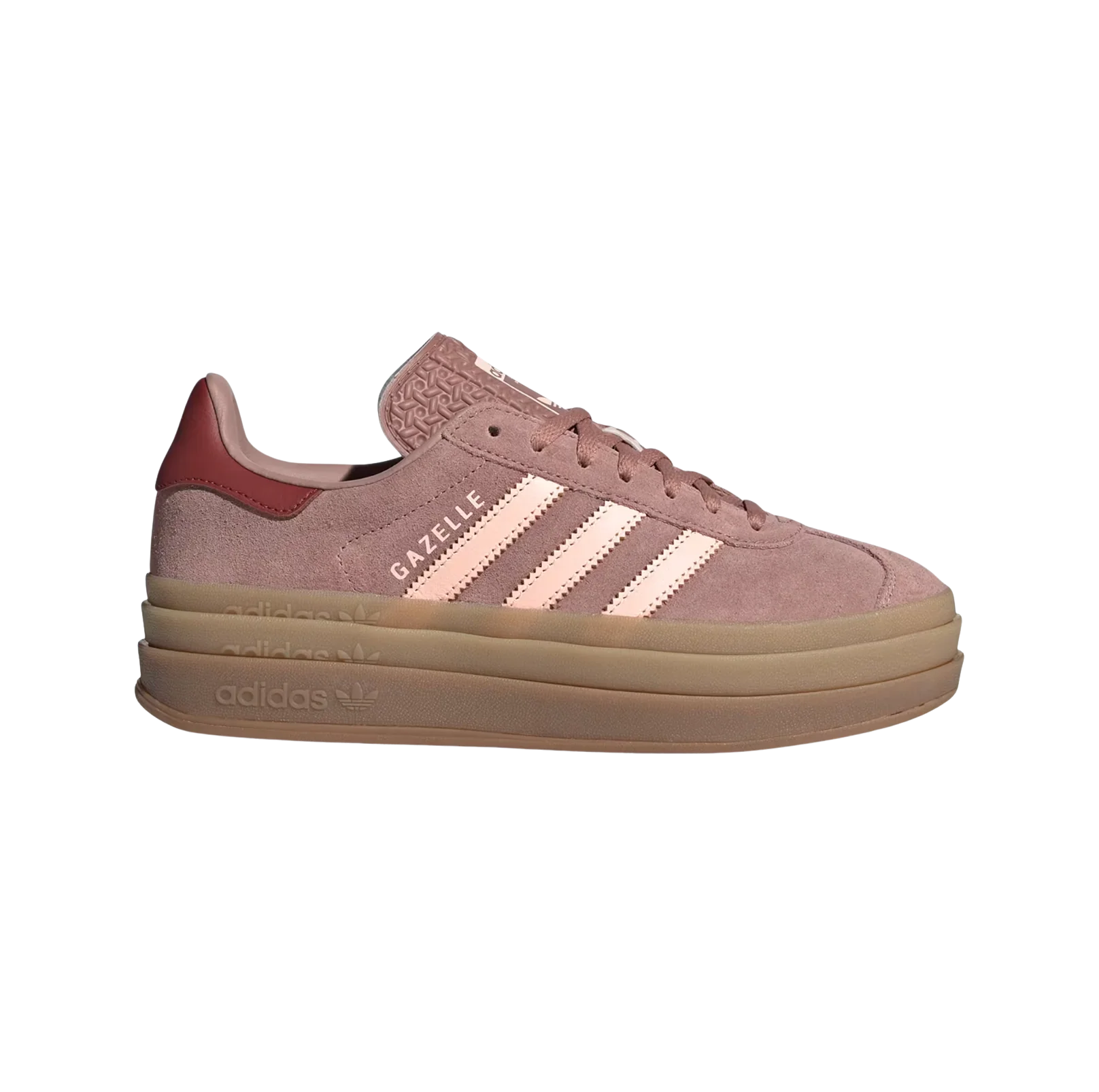 Adidas Gazelle Bold Clay – Seitenansicht der Retro-Damen-Plateausneaker aus Wildleder mit Plateausohle aus Gummi und orangefarbenen Details