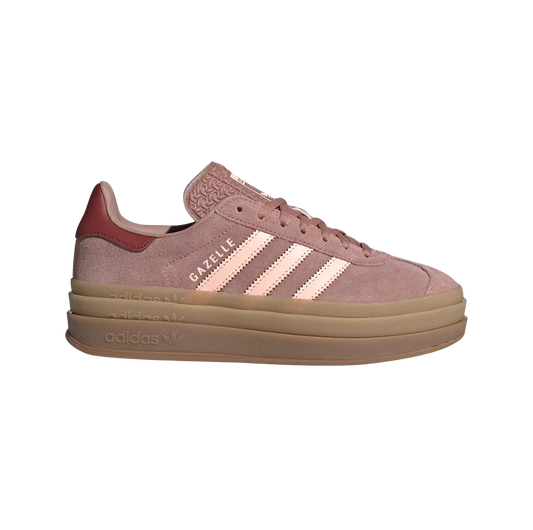Adidas Gazelle Bold Clay – Seitenansicht der Retro-Damen-Plateausneaker aus Wildleder mit Plateausohle aus Gummi und orangefarbenen Details