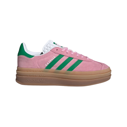 Adidas Gazelle Bold True Pink – Seitenansicht der Retro-Damen-Plateausneaker aus Wildleder mit grünen Streifen und Plateausohle aus Gummi
