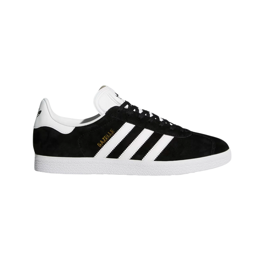 Adidas Gazelle Core Black – Seitenansicht der Retro-Unisex-Sneaker aus Nubukleder mit Gummisohle und weißen Streifen
