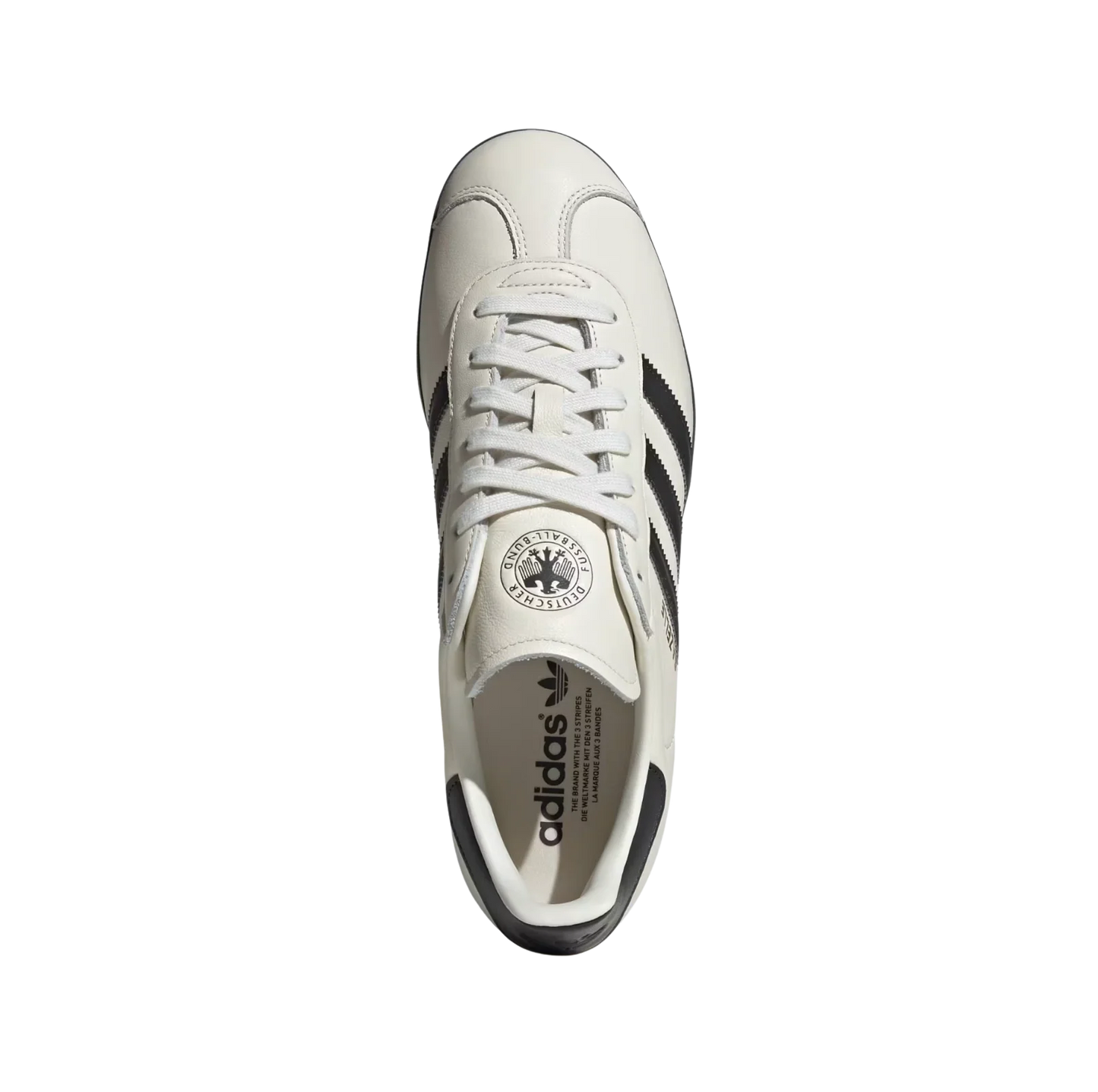 Adidas Gazelle DFB Off White – Draufsicht der Retro-Sneaker aus Leder mit schwarzem 3-Streifen-Design, DFB-Logo und Gummisohle