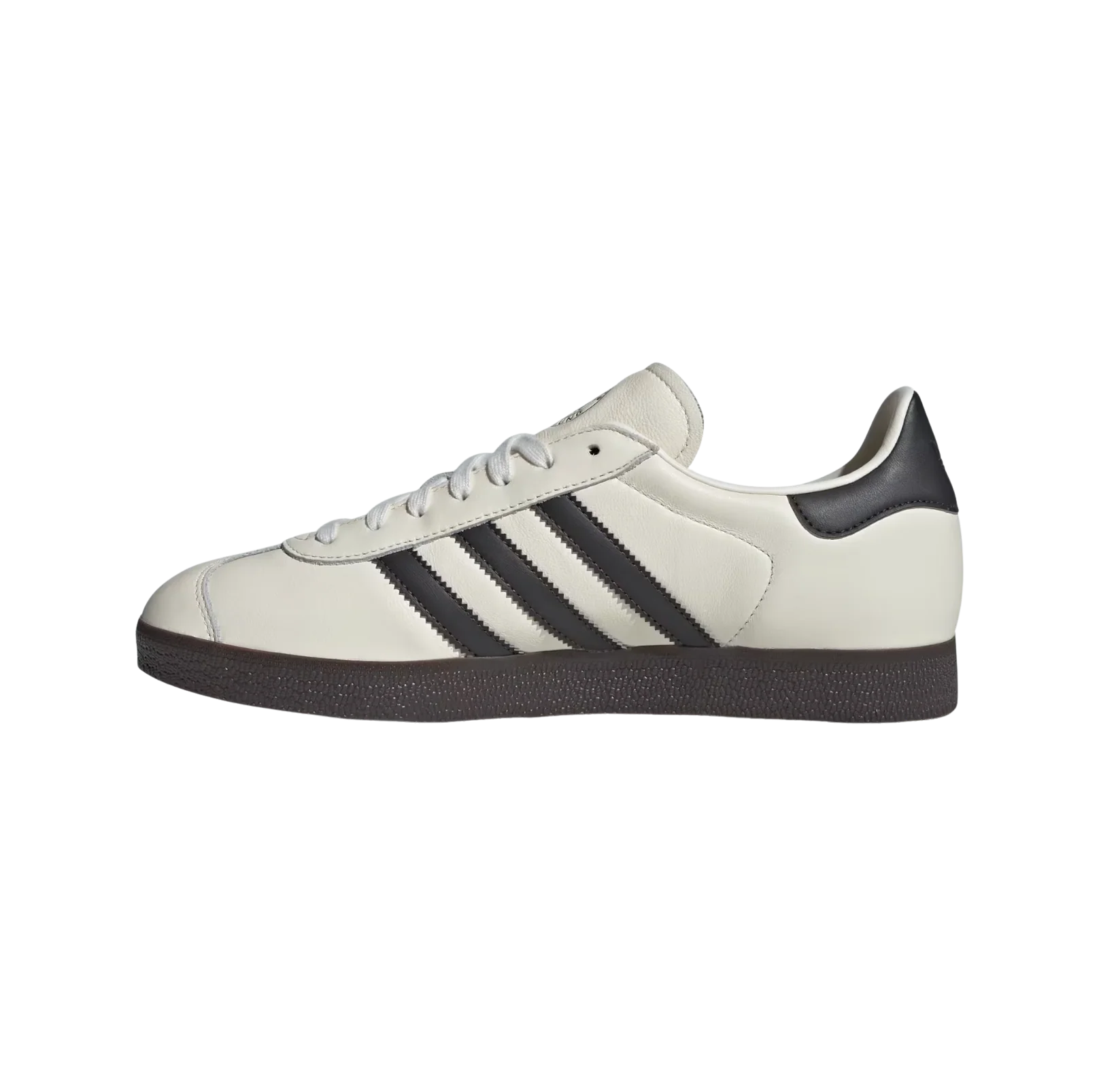Adidas Gazelle DFB Off White – gegenüberliegende Seitenansicht der Retro-Sneaker aus Leder mit schwarzem 3-Streifen-Design und Gummisohle