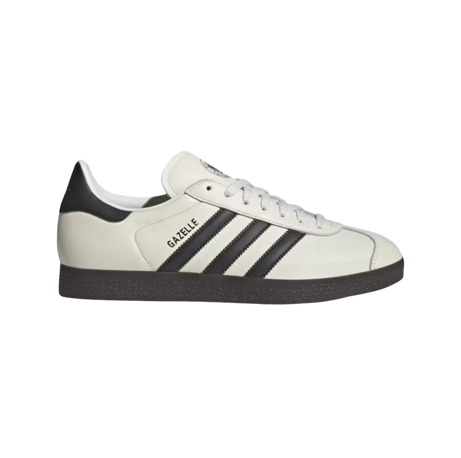 Adidas Gazelle DFB Off White – Seitenansicht der Retro-Sneaker aus Leder mit schwarzem 3-Streifen-Design, DFB-Logo und Gummisohle