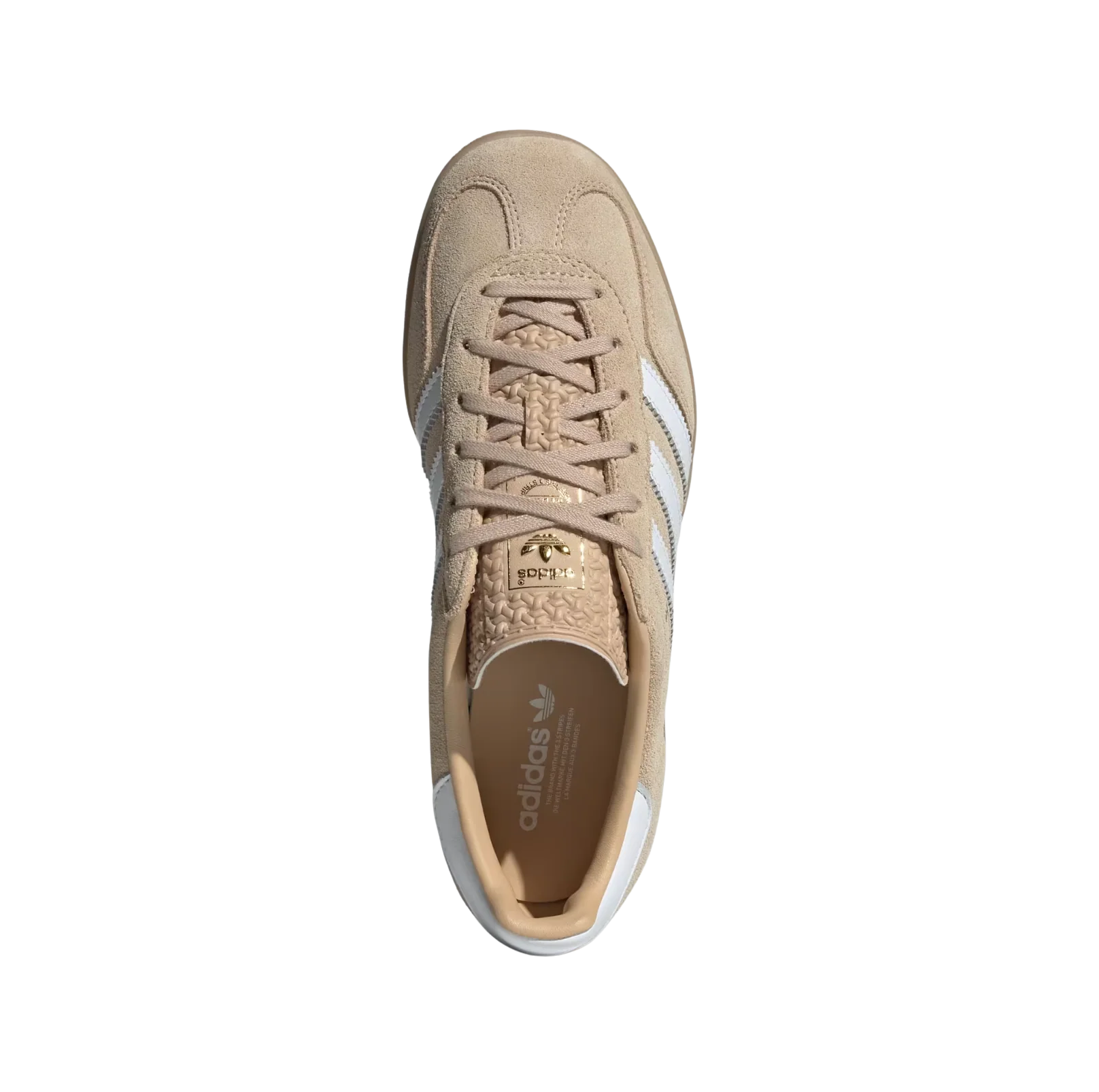 Adidas Gazelle Indoor Magic Beige – Draufsicht der Retro-Damen-Sneaker aus Wildleder in Beige mit Naturgummisohle und weißen Streifen