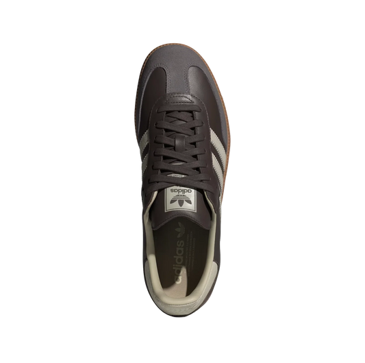 Adidas Samba OG Brown Putty – Draufsicht der Retro-Unisex-Sneaker aus Leder & Wildleder mit Naturgummisohle und grauen Streifen