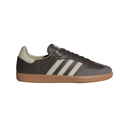 Adidas Samba OG Brown Putty – Seitenansicht der Retro-Unisex-Sneaker aus Leder & Wildleder mit Naturgummisohle und grauen Streifen