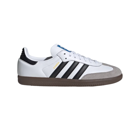 Adidas Samba OG Cloud White – Seitenansicht der Retro-Unisex-Sneaker aus Leder & Wildleder in Weiß mit Naturgummi-Sohle und schwarzen Streifen