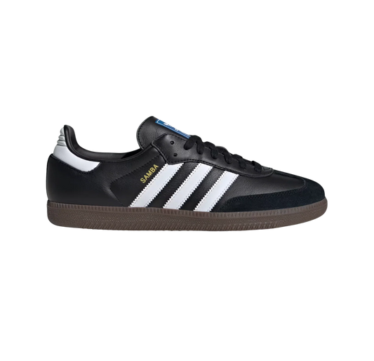 Adidas Samba OG Core Black – Seitenansicht der Retro-Unisex-Sneaker aus vollnarbigem Leder mit Naturgummisohle und weißen Streifen