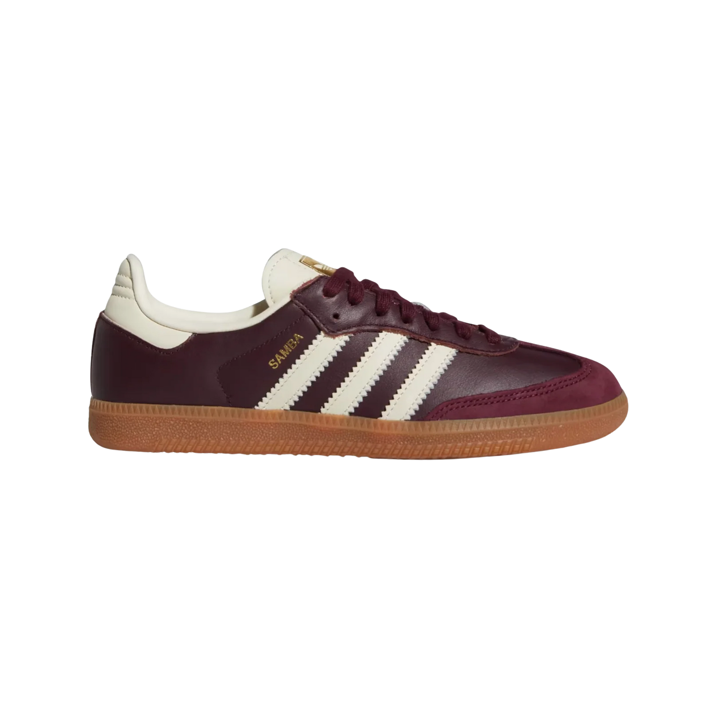 Adidas Samba OG Maroon – Seitenansicht der Retro-Unisex-Sneaker aus Leder & Wildleder mit Gummisohle und cremefarbenen Streifen