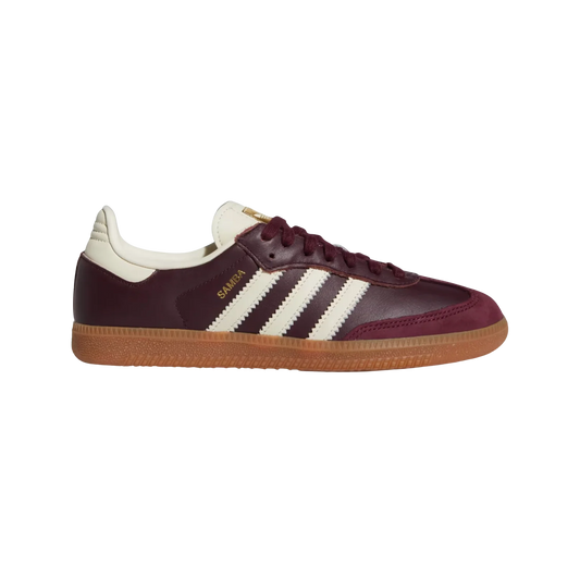Adidas Samba OG Maroon – Seitenansicht der Retro-Unisex-Sneaker aus Leder & Wildleder mit Gummisohle und cremefarbenen Streifen