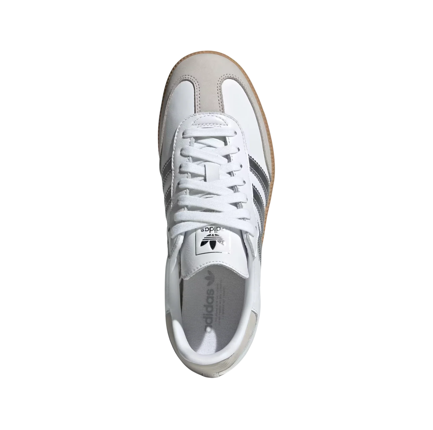 Adidas Samba OG White Silver – Draufsicht der Retro-Damen-Sneaker aus Leder & Wildleder in Weiß mit Gummisohle und silbernen Details