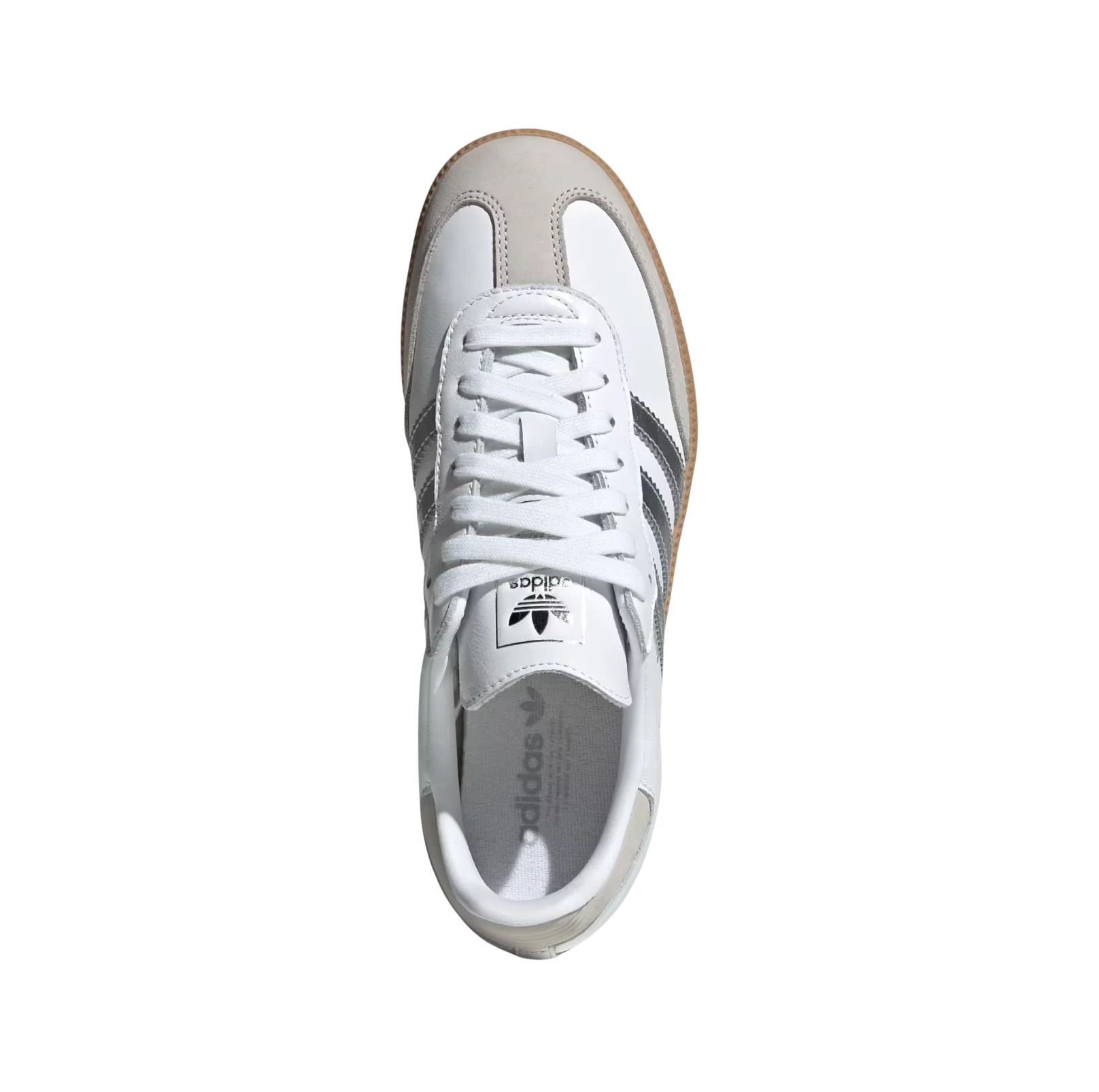 Adidas Samba OG White Silver – Draufsicht der Retro-Damen-Sneaker aus Leder & Wildleder in Weiß mit Gummisohle und silbernen Details