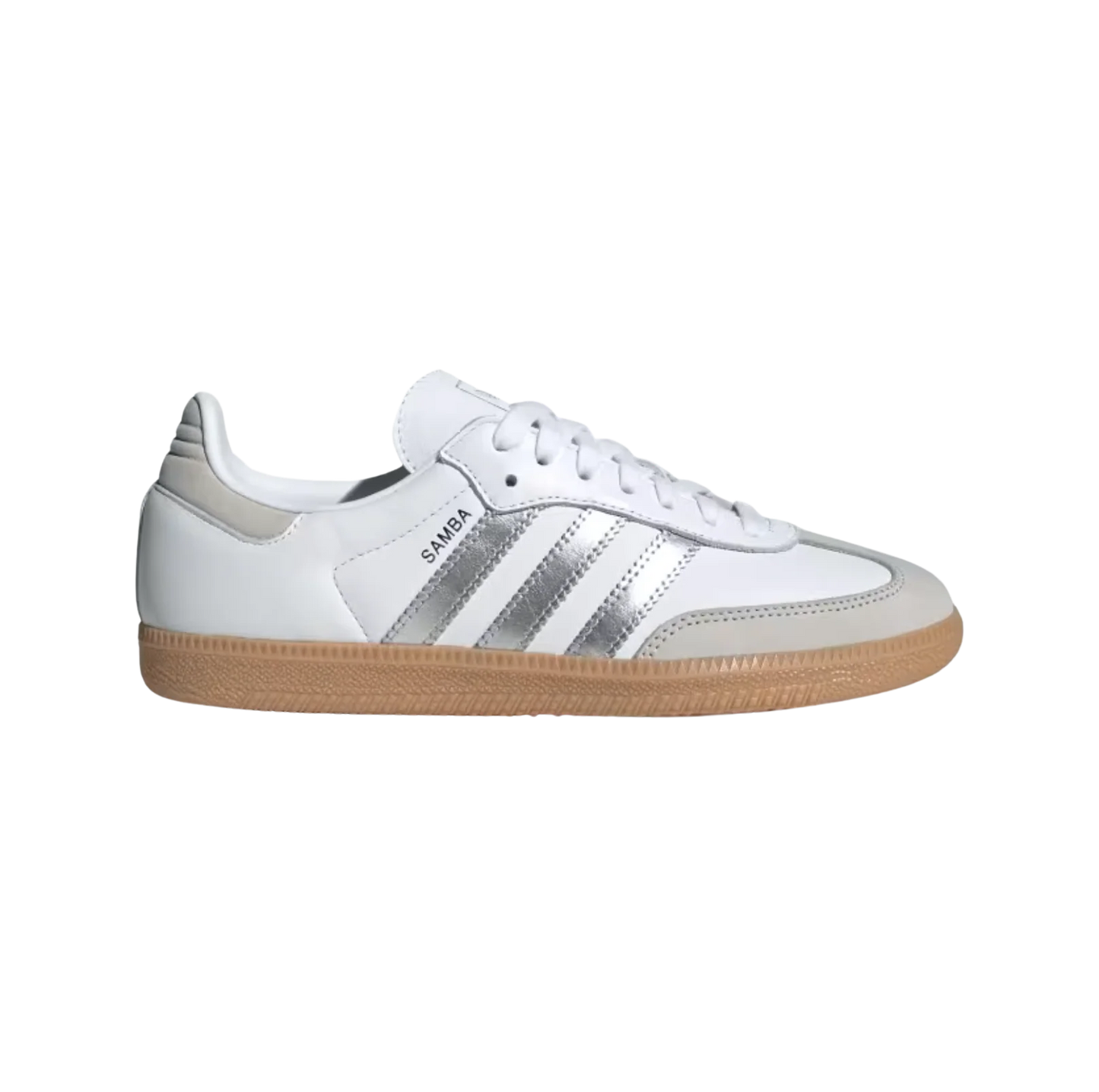 Adidas Samba OG White Silver – Seitenansicht der Retro-Damen-Sneaker aus Leder & Wildleder in Weiß mit Gummisohle und silbernen Details