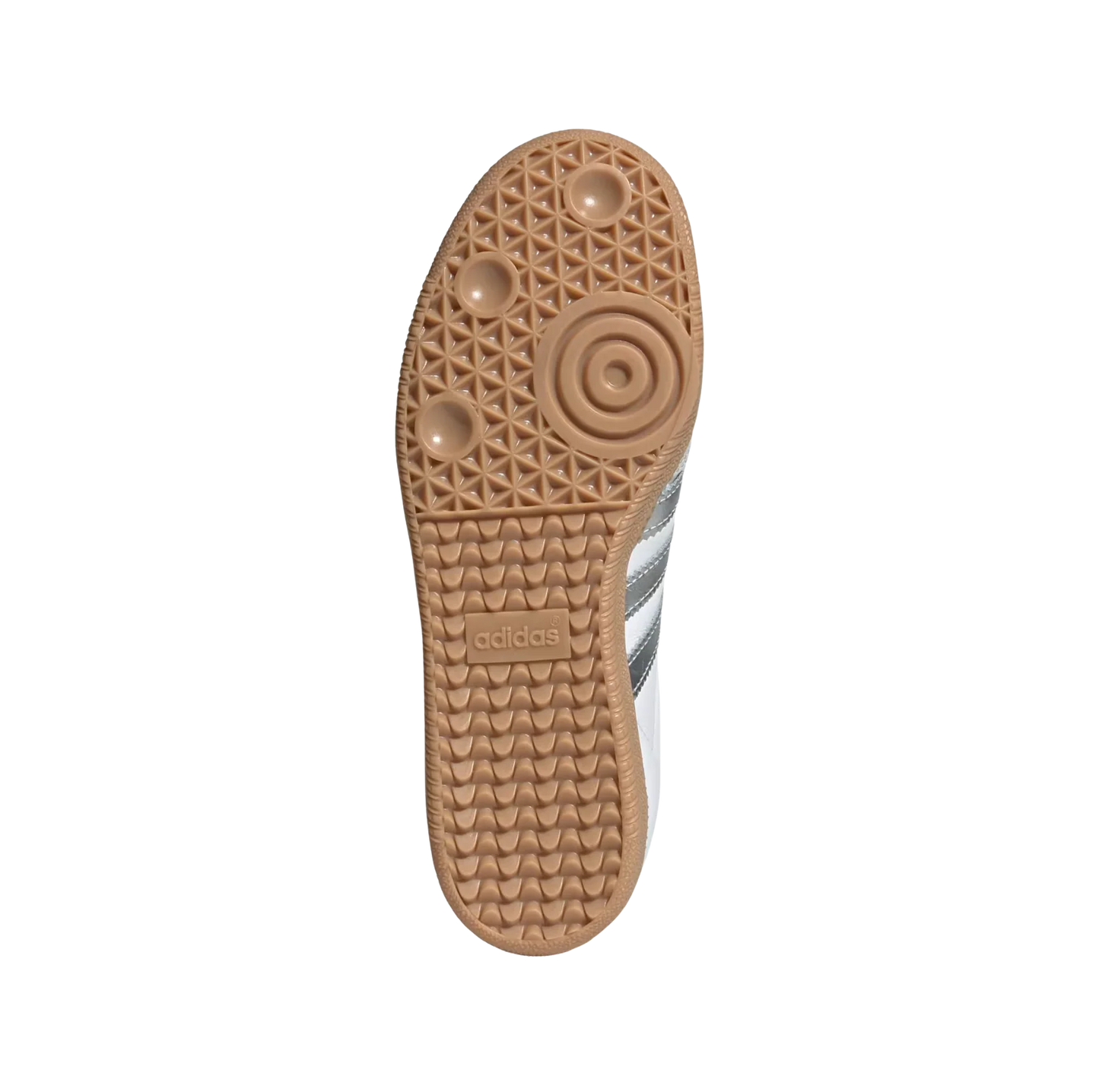Adidas Samba OG White Silver – Sohlenansicht der Retro-Damen-Sneaker aus Leder & Wildleder in Weiß mit Gummisohle und silbernen Details