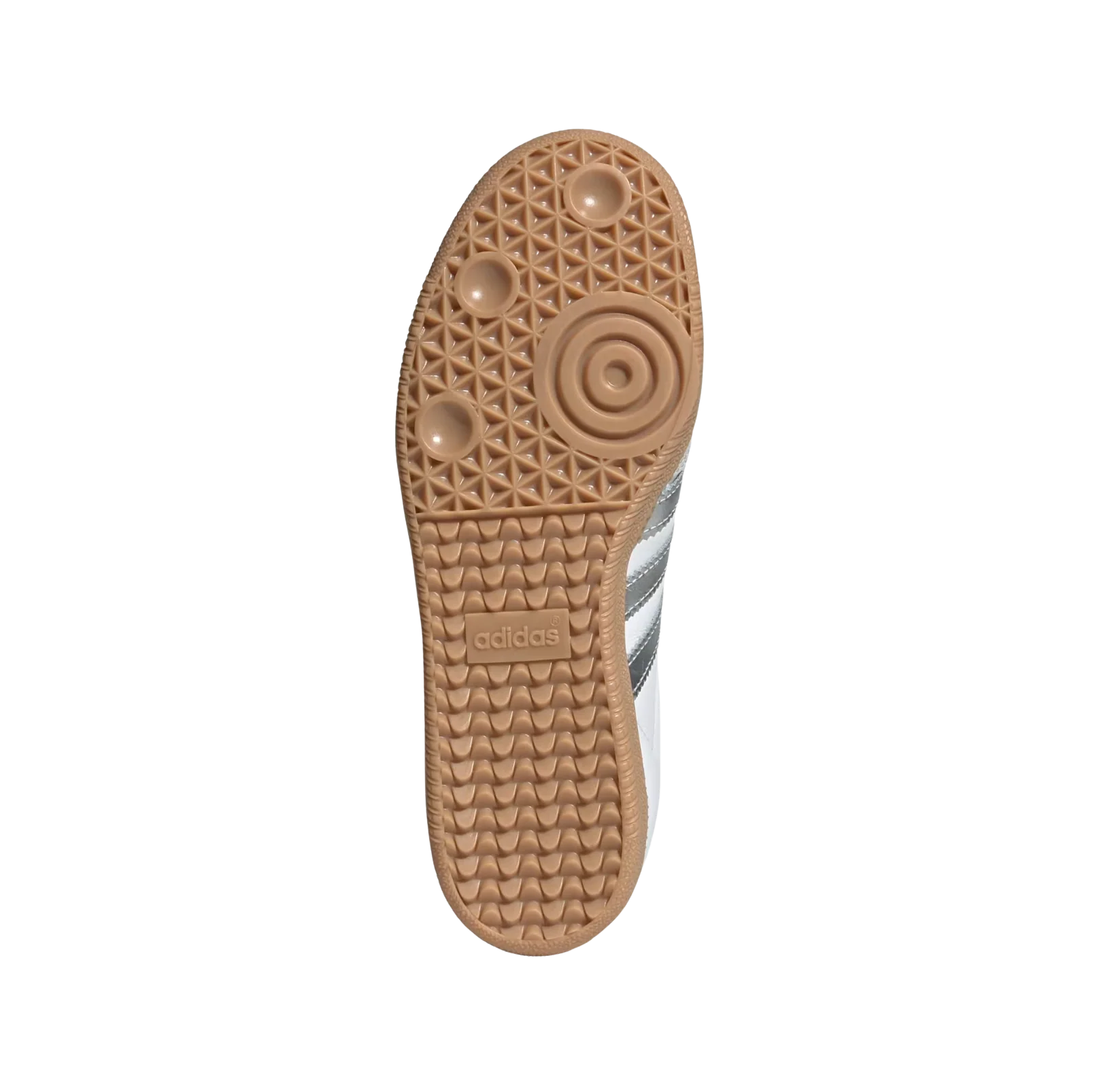 Adidas Samba OG White Silver – Sohlenansicht der Retro-Damen-Sneaker aus Leder & Wildleder in Weiß mit Gummisohle und silbernen Details