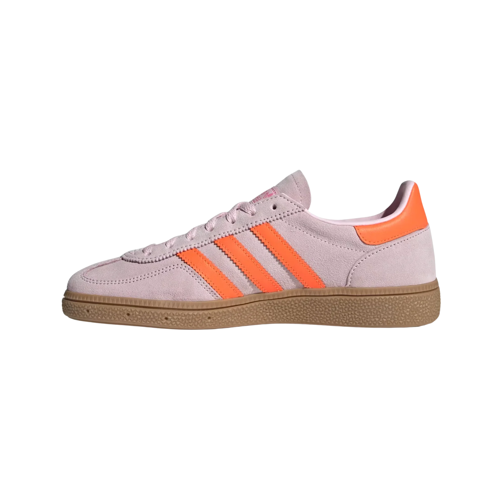 Adidas Spezial Clear Pink – gegenüberliegende Seitenansicht der Retro-Unisex-Sneaker aus Wildleder mit Solar-Orange-Details und Gummisohle