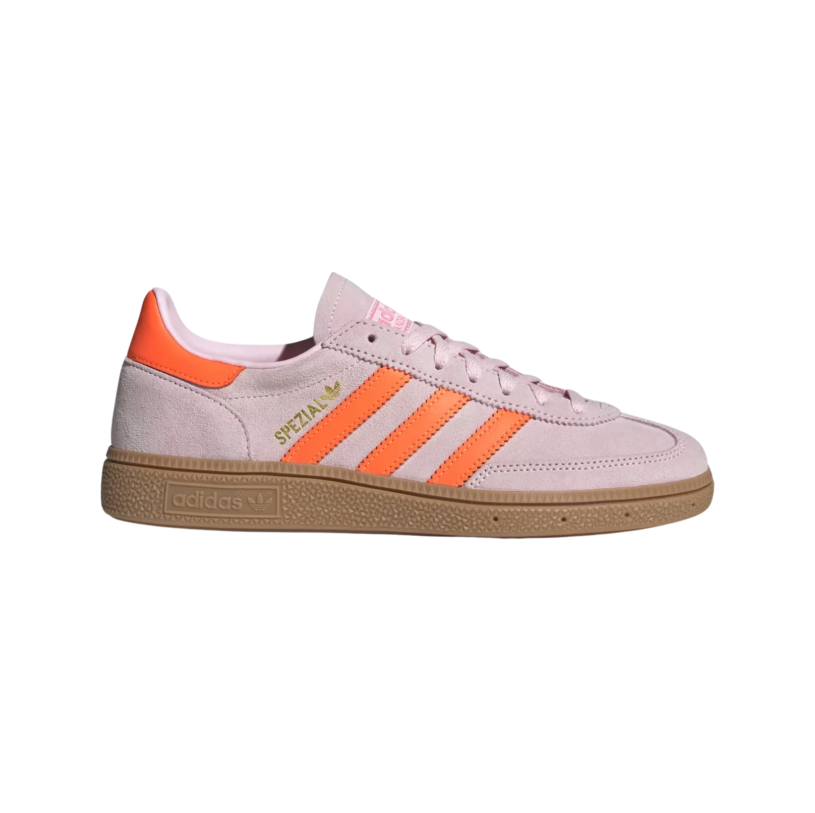 Adidas Spezial Clear Pink – Seitenansicht der Retro-Unisex-Sneaker aus Wildleder mit Solar-Orange-Details und Gummisohle