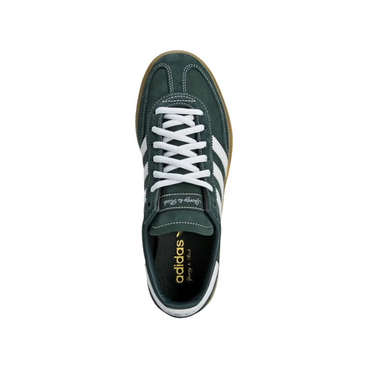 Adidas Sporty and Rich – Draufsicht der Retro-Unisex-Sneaker aus dunkelgrünem Leder mit Gummisohle und weißen Cloud-Streifen
