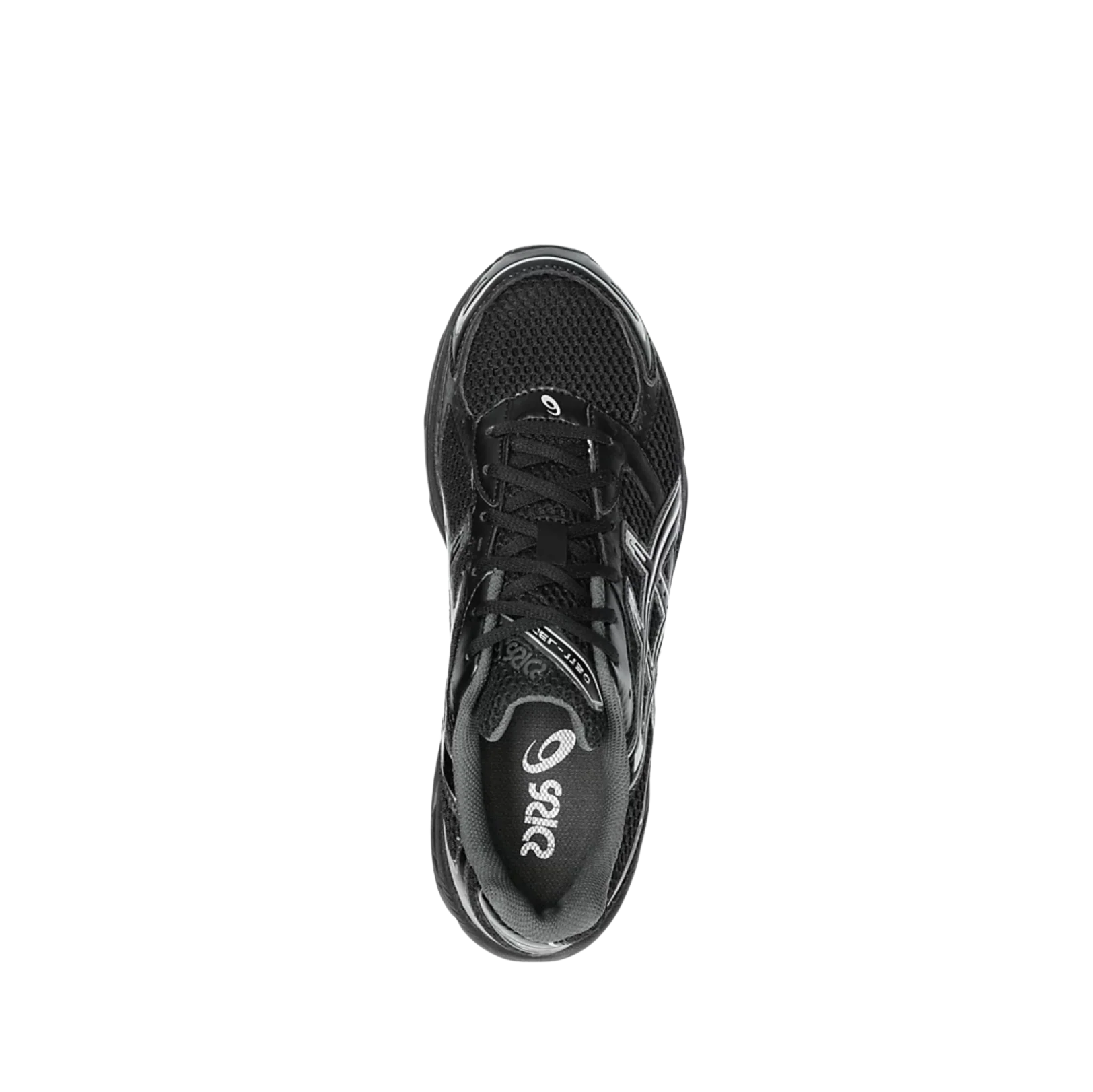 ASICS GEL 1130 Black & Pure Silver – Draufsicht der Retro-Tech Sneaker mit schwarzen Schnürsenkeln, Logo-Zunge und Textilfutter