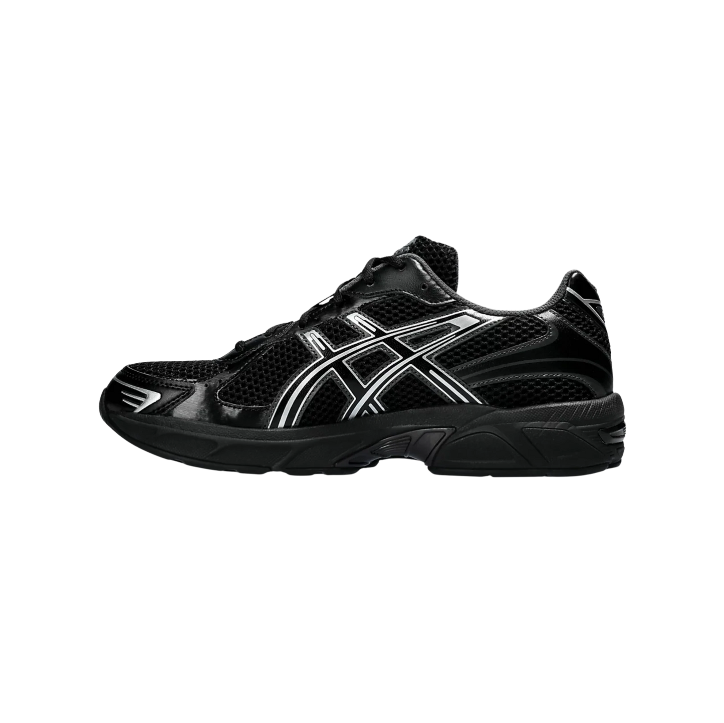 ASICS GEL 1130 Black & Pure Silver – Gegenansicht der Retro-Tech Sneaker in schwarzem Mesh mit Pure Silver Details und sichtbarer GEL-Dämpfung