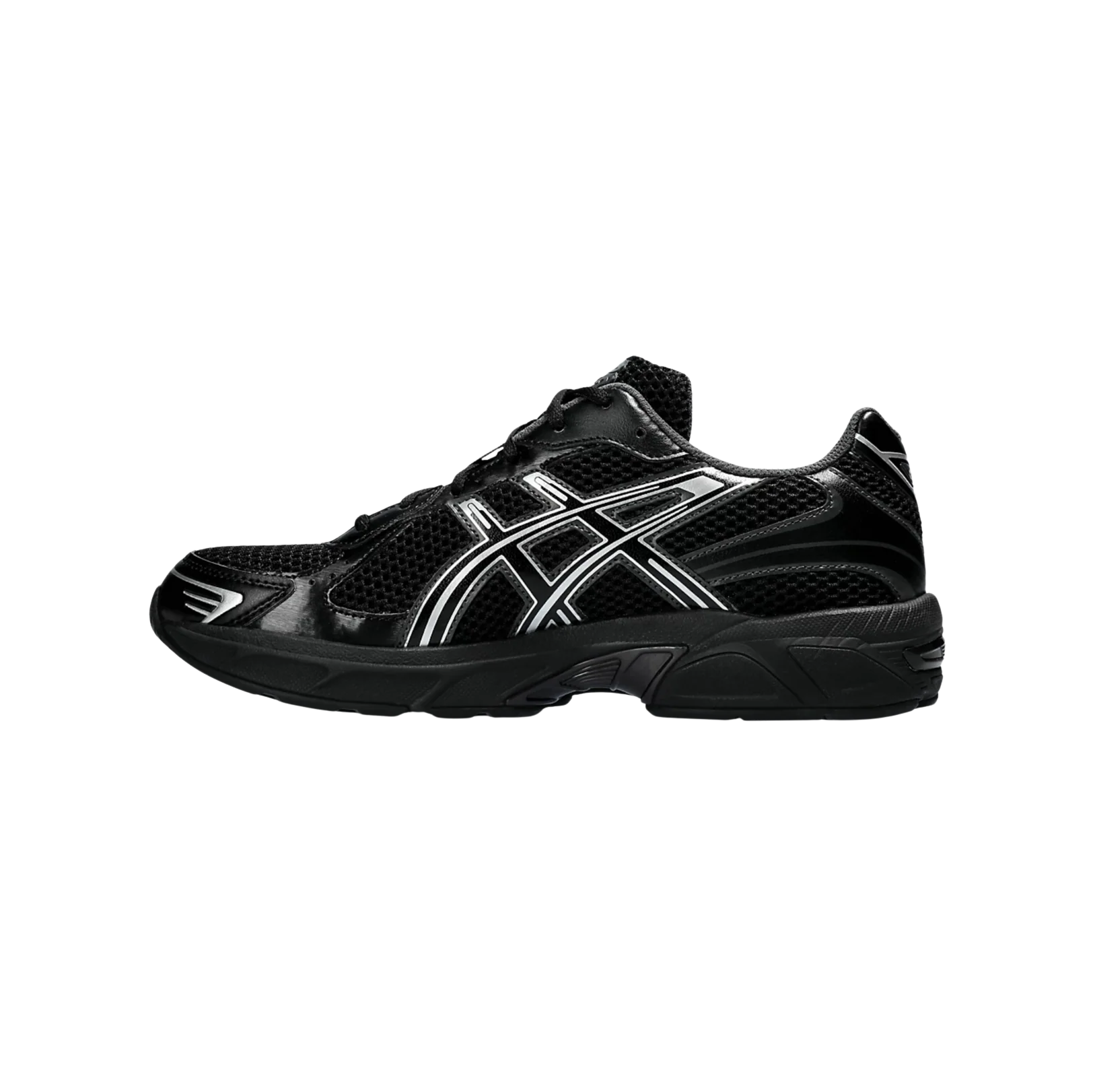 ASICS GEL 1130 Black & Pure Silver – Gegenansicht der Retro-Tech Sneaker in schwarzem Mesh mit Pure Silver Details und sichtbarer GEL-Dämpfung