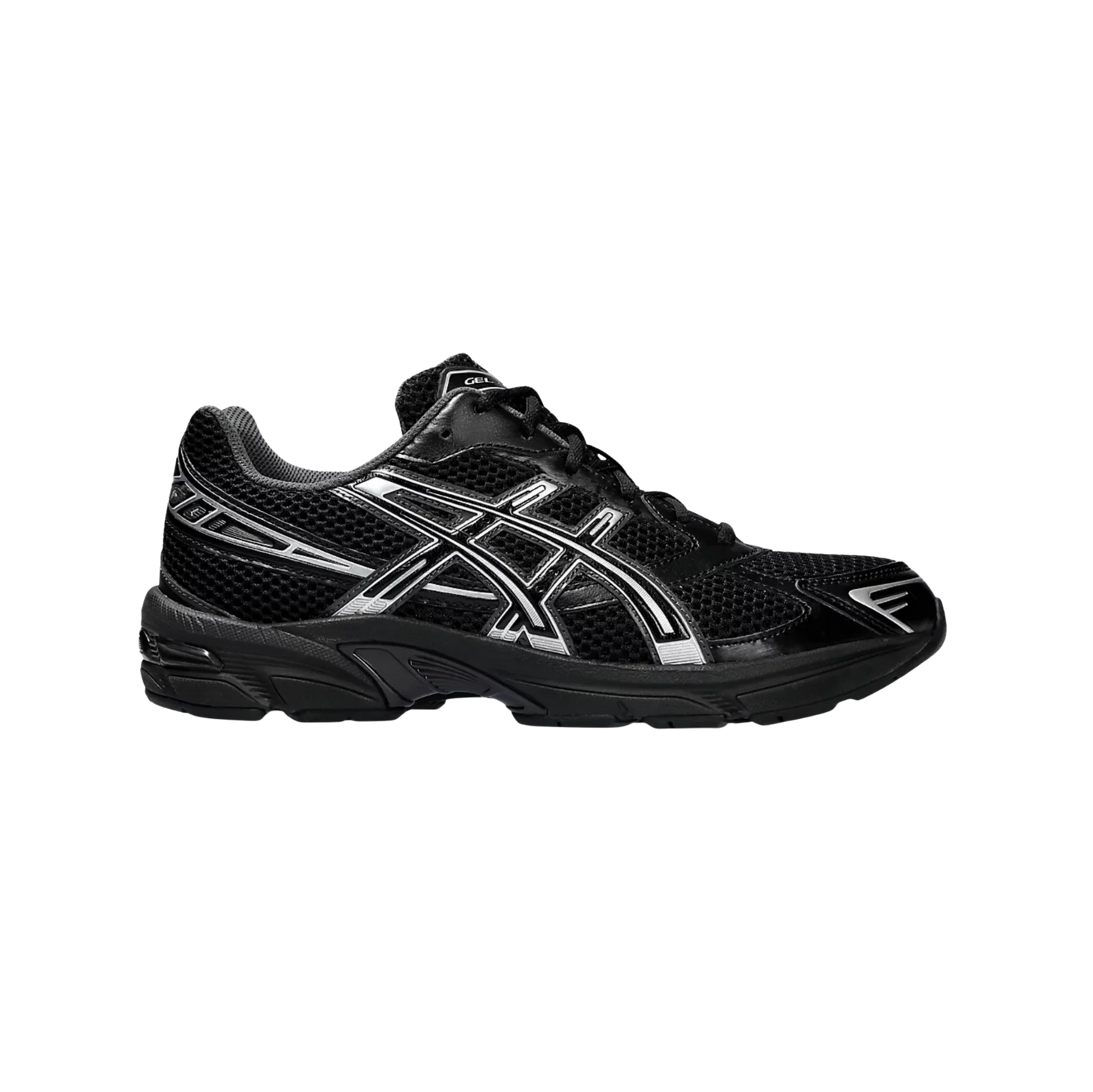 ASICS GEL 1130 Black & Pure Silver – Seitenansicht der Retro-Tech Sneaker mit schwarzem Mesh, synthetischen Overlays und Gummisohle