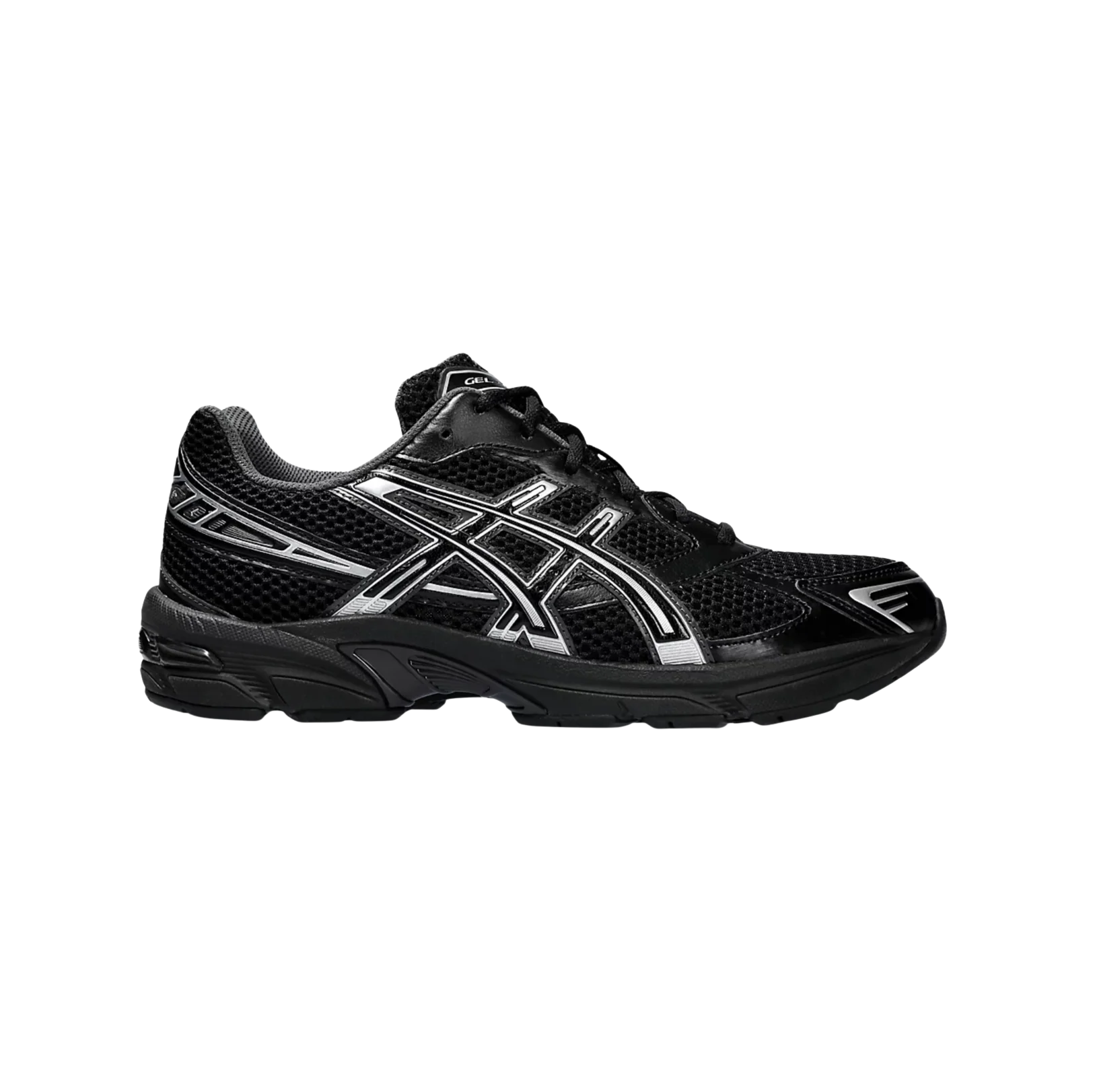 ASICS GEL 1130 Black & Pure Silver – Seitenansicht der Retro-Tech Sneaker mit schwarzem Mesh, synthetischen Overlays und Gummisohle