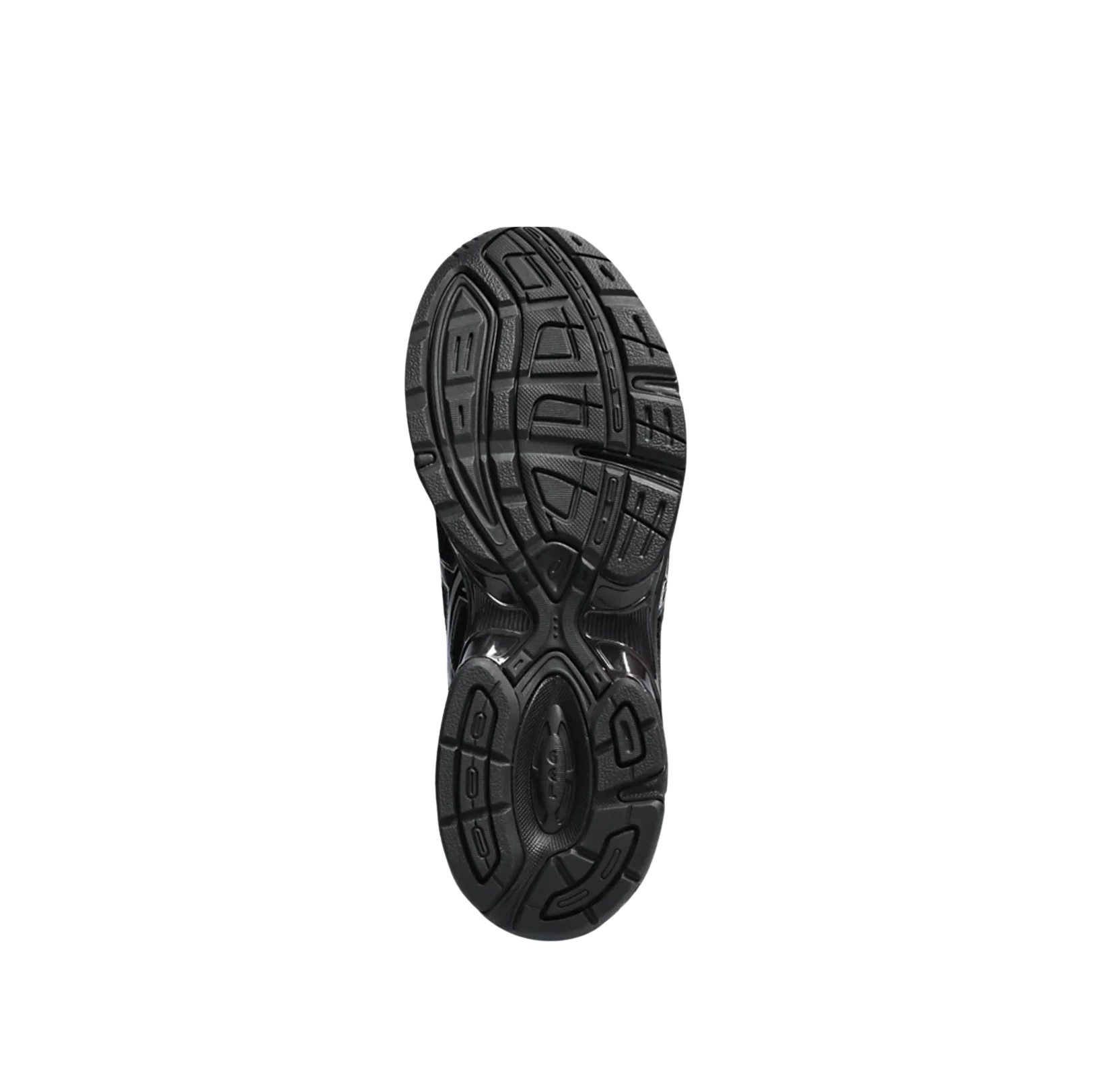 ASICS GEL 1130 Black & Pure Silver – Sohlenansicht der Retro-Tech Sneaker mit griffiger schwarzer Gummisohle und GEL™-Technologie
