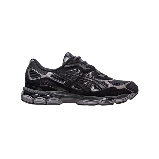 ASICS GEL NYC Graphite Grey Black – Seitenansicht des Retro-Tech-Sneakers aus Leder und Mesh mit GEL™-Dämpfung und Gummiaußensohle