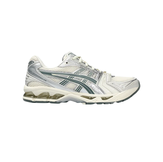 ASICS Kayano 14 Birch Dark Pewter – Seitenansicht des Retro-Tech-Sneakers aus Mesh & Polyurethan mit Gummisohle