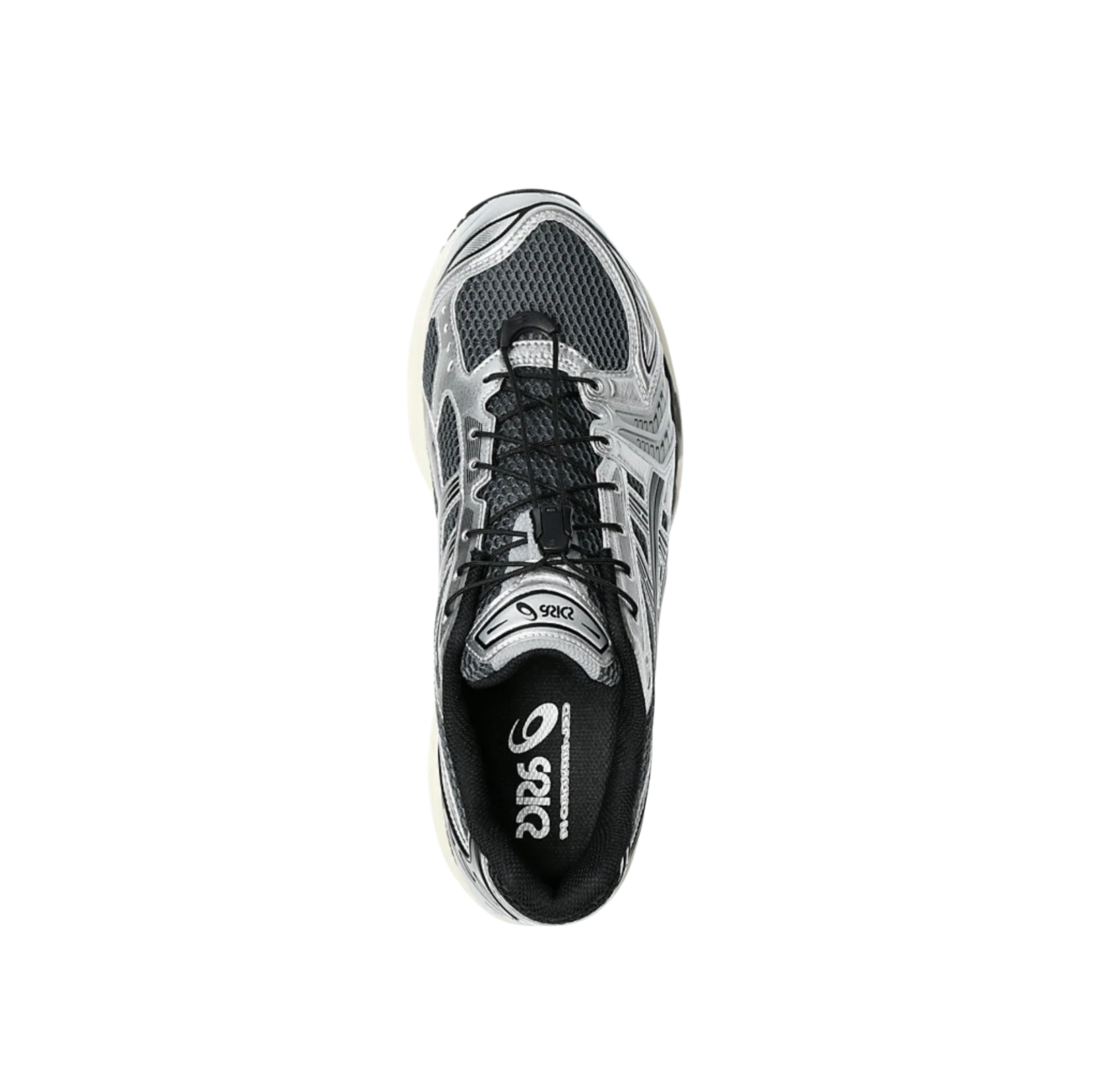 ASICS Kayano 14 Carrier Grey Black – Draufsicht des Retro-Tech-Sneakers mit schwarzen Schnürsenkeln und technischer Silhouette