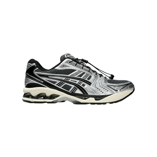 ASICS Kayano 14 Carrier Grey Black – Seitenansicht des Retro-Tech-Sneakers aus atmungsaktivem Mesh mit GEL™-Dämpfung und Gummiaußensohle