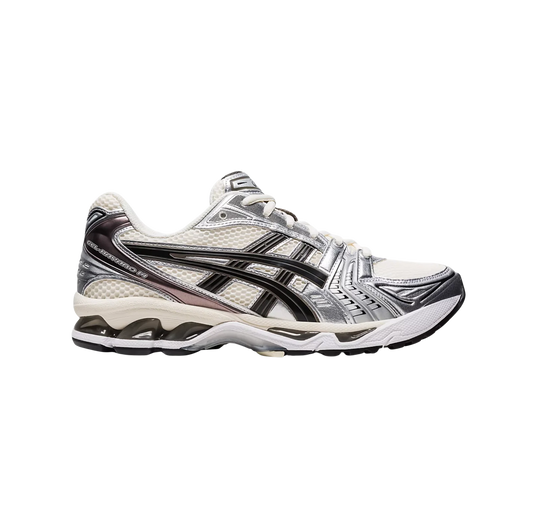 ASICS Kayano 14 Cream – Seitenansicht des Retro-Tech-Sneakers aus Mesh mit GEL™-Dämpfung und technischen Overlays