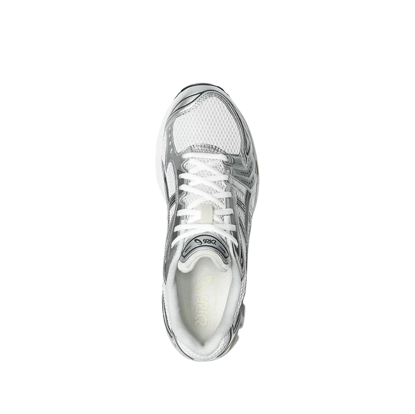 ASICS Kayano 14 Graphite Grey White – Draufsicht der Retro-Tech-Sneaker mit atmungsaktivem Mesh, weißen Schnürsenkeln und textilem Innenfutter