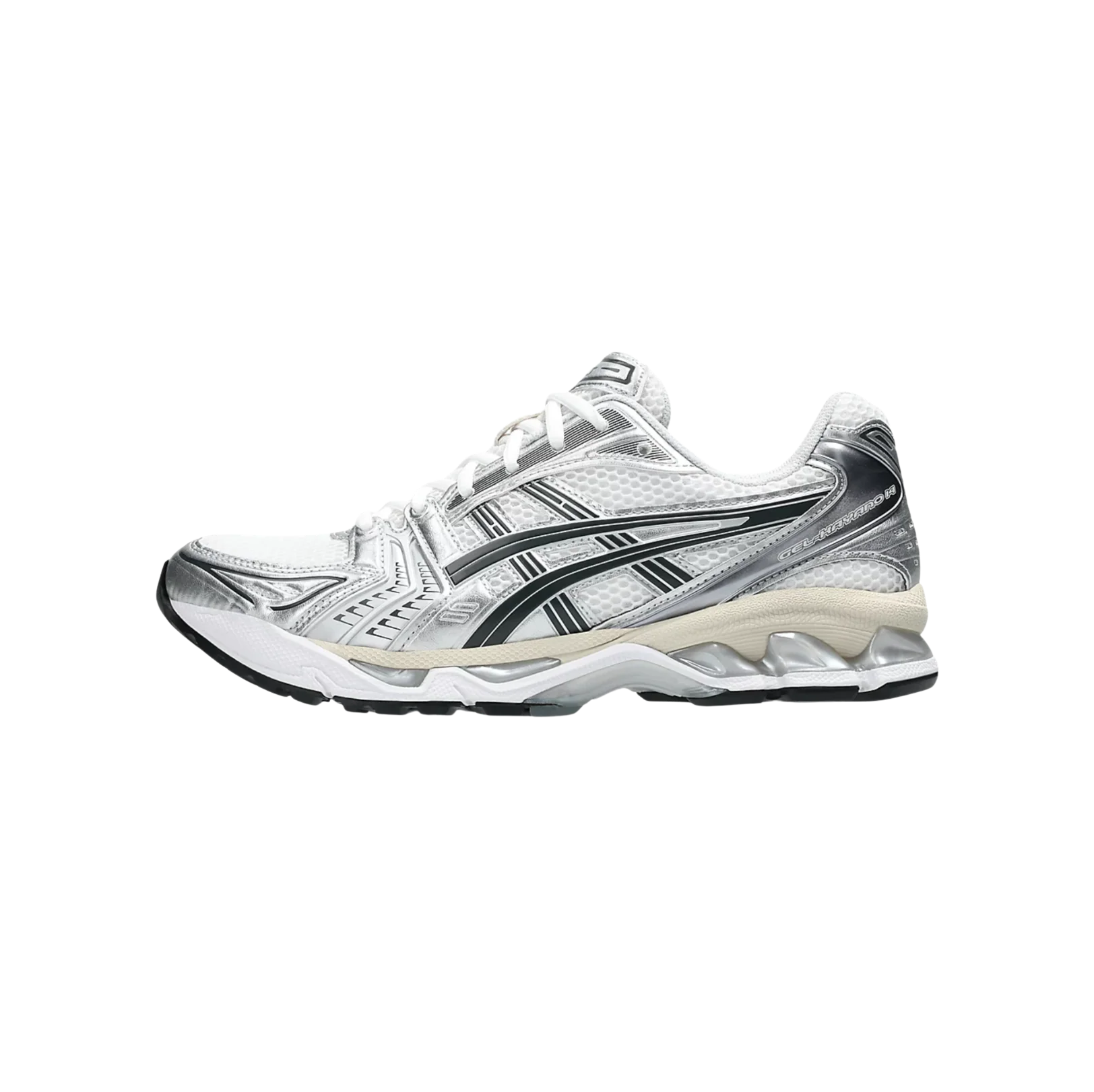 ASICS Kayano 14 Graphite Grey White – Gegenansicht der Retro-Tech-Sneaker mit Mesh-Obermaterial und grauen Details