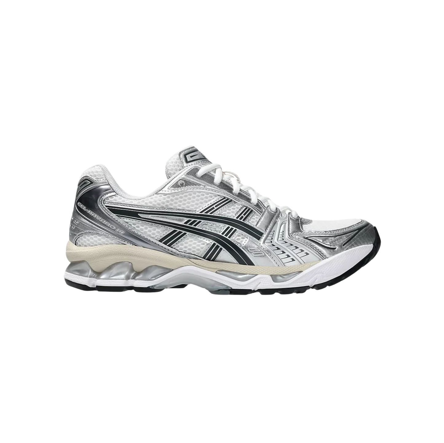 ASICS Kayano 14 Graphite Grey White – Seitenansicht der Retro-Tech-Sneaker aus Mesh mit GEL-Dämpfung und Gummisohle