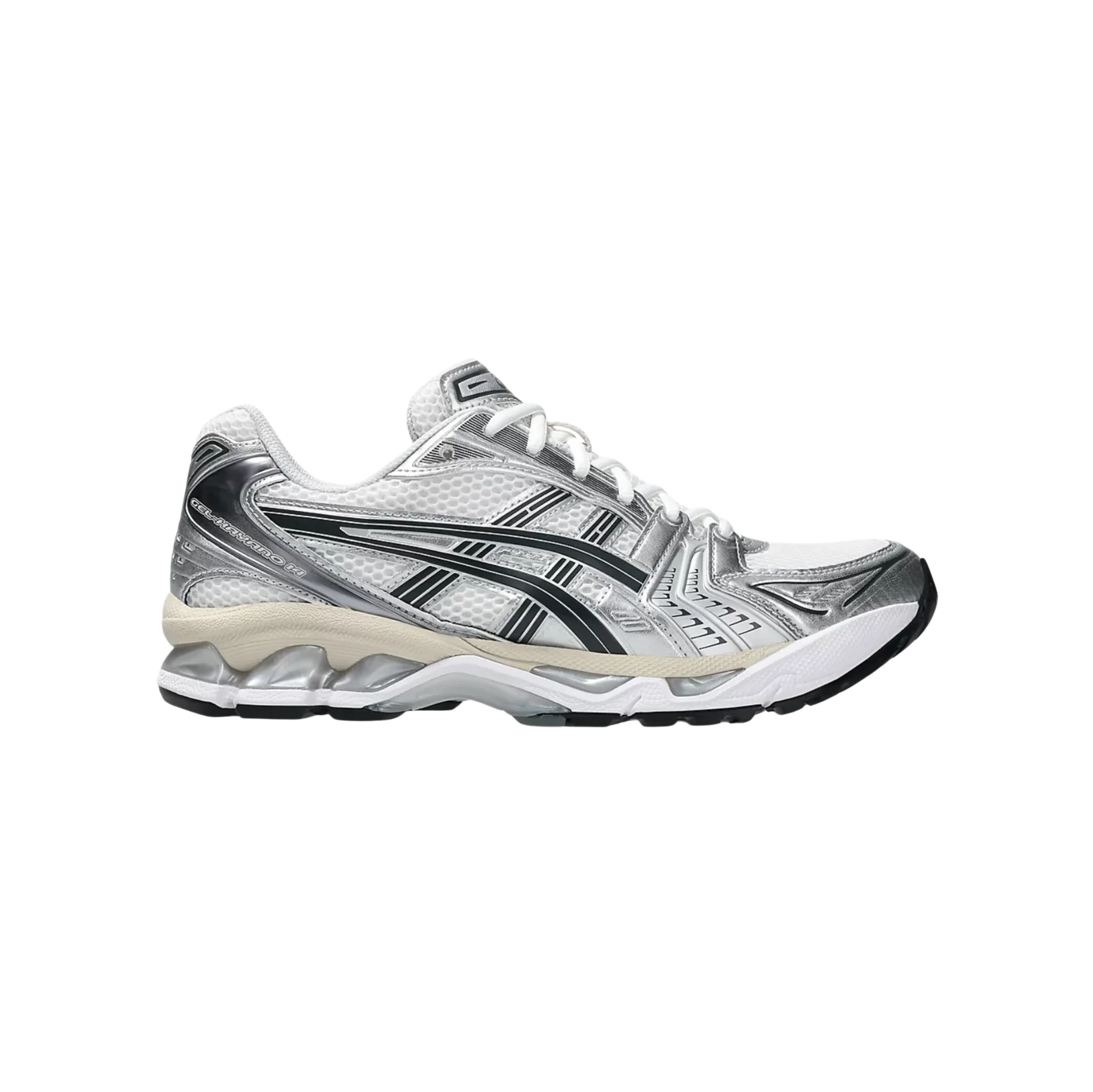 ASICS Kayano 14 Graphite Grey White – Seitenansicht der Retro-Tech-Sneaker aus Mesh mit GEL-Dämpfung und Gummisohle