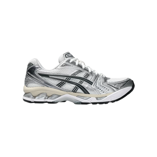 ASICS Kayano 14 Graphite Grey White – Seitenansicht der Retro-Tech-Sneaker aus Mesh mit GEL-Dämpfung und Gummisohle