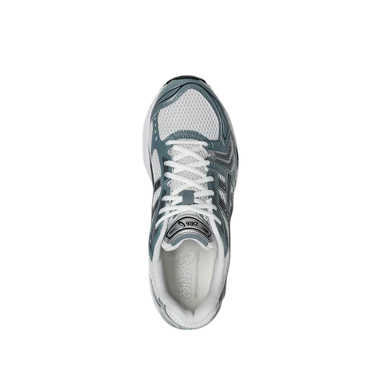 ASICS Kayano 14 White Fjord Grey – Draufsicht des Retro-Tech-Sneakers mit weißen Schnürsenkeln und dynamischer Silhouette