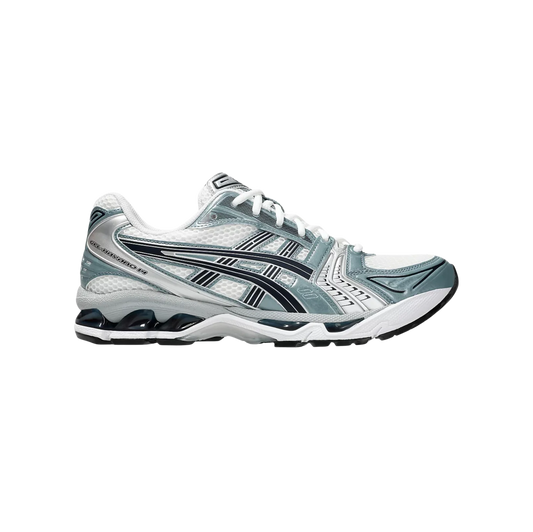 ASICS Kayano 14 White Fjord Grey – Seitenansicht des Retro-Tech-Sneakers aus atmungsaktivem Mesh mit GEL-Dämpfung und Gummisohle