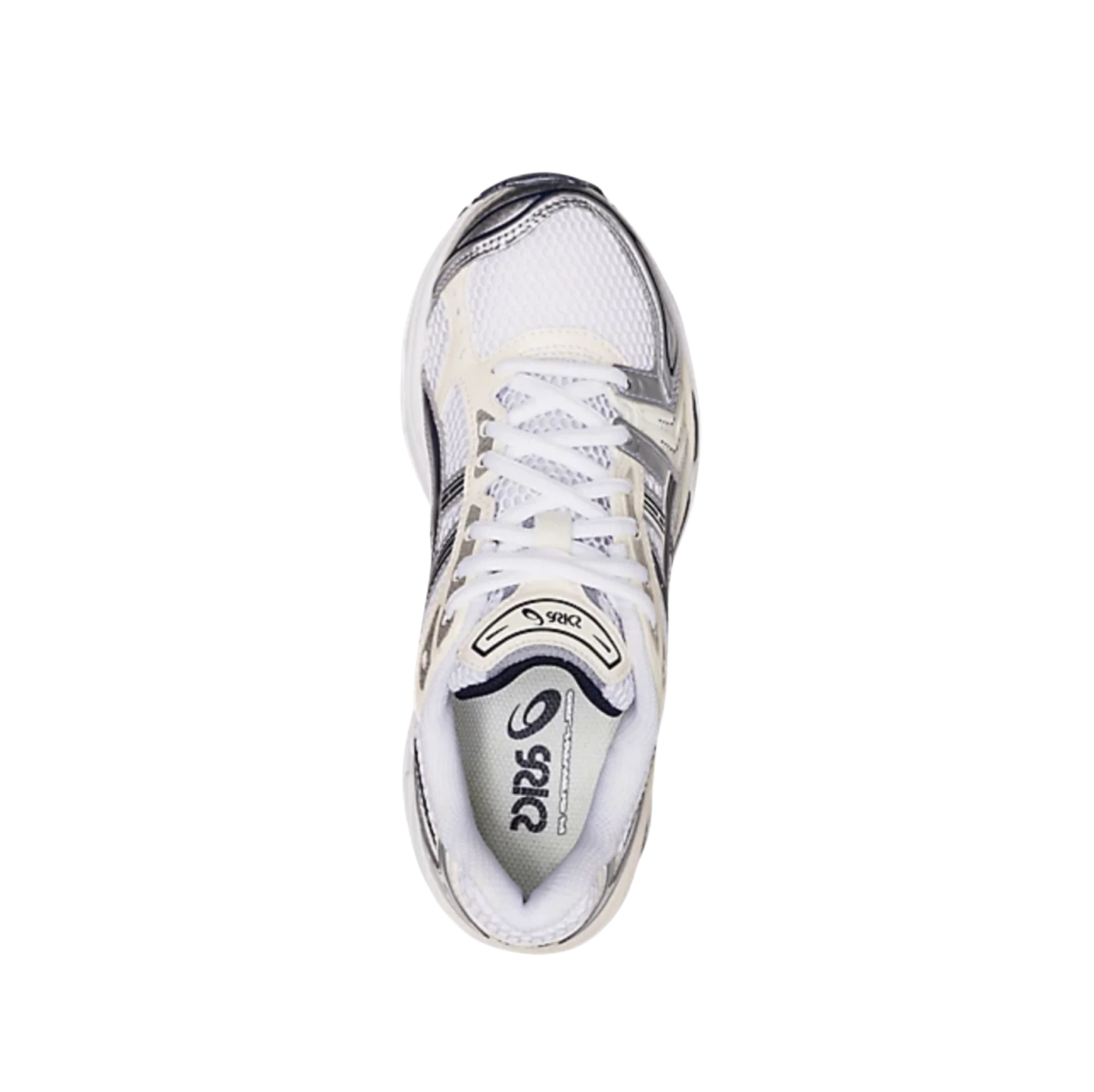 ASICS Kayano 14 White Midnight – Draufsicht der Retro-Tech-Sneaker aus weißem Mesh mit weißen Schnürsenkeln und atmungsaktivem Design