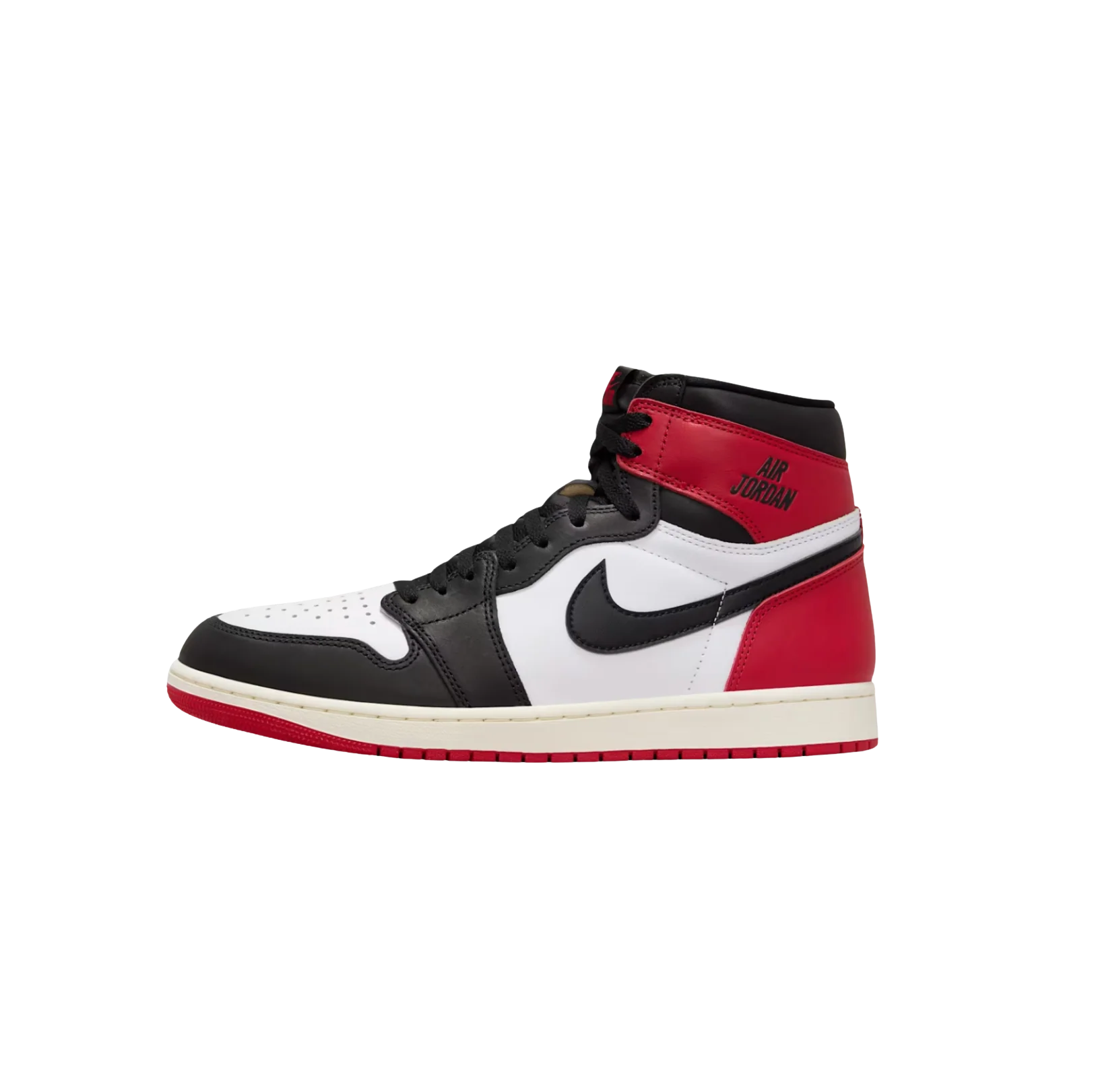 Jordan 1 High OG Black Toe Reimagined – Innenseite Retro-Sneaker aus Leder mit Air Jordan Logo und gealtertem Sail-Finish