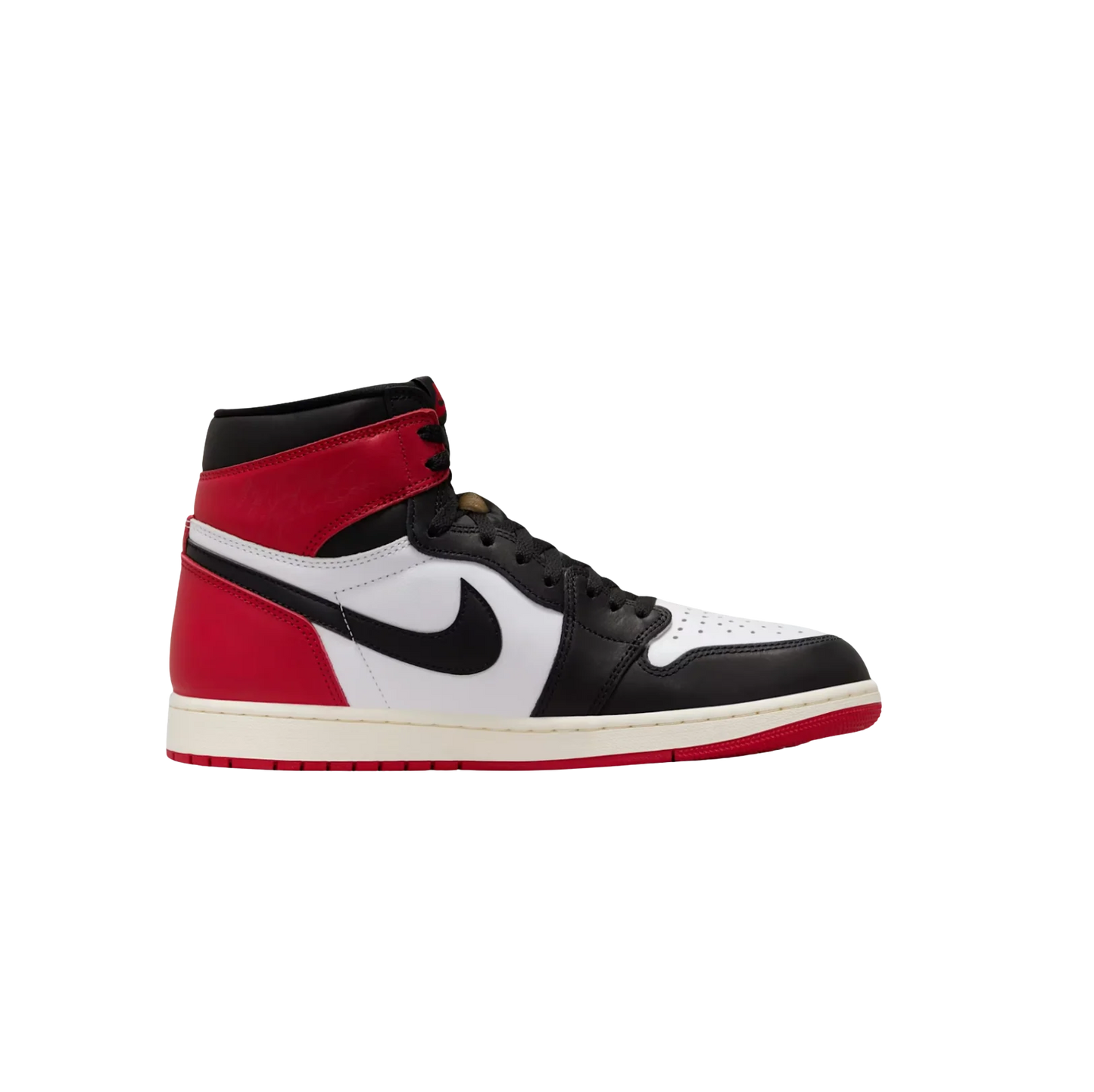 Jordan 1 High OG Black Toe Reimagined – Seitenansicht Retro-Sneaker aus Leder in Weiß, Schwarz & Rot mit Gummisohle und schwarzem Swoosh
